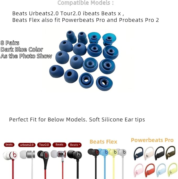 Aginkgo Replacement Ear Tips for Beats Urbeats2.0 Tour2.0 ibeats Beats x, Beats Flex Secure Fit for Powerbeats Pro Silicone Earbuds Washable Sweat-Resistant Noise Isolation 8 Pairs (Dark Blue)