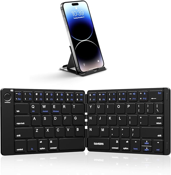 Samsers Foldable Bluetooth Keyboard - Portable Wireless Keyboard with Stand Holder, Rechargeable Full Size Ultra Slim Folding for iOS Android Windows Smartphone Tablet and Laptop, Black