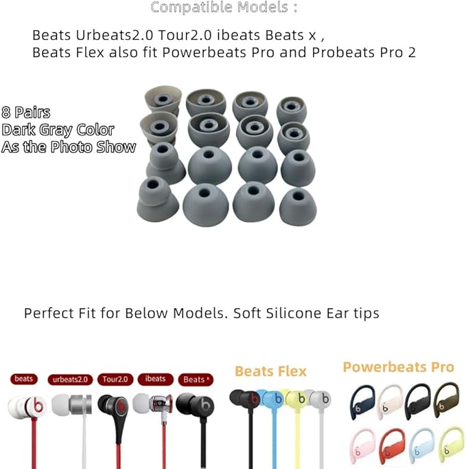 Aginkgo Replacement Ear Tips for Beats Urbeats2.0 Tour2.0 ibeats Beats x, Beats Flex Secure Fit for Powerbeats Pro Silicone Earbuds Washable Sweat-Resistant Noise Isolation 8 Pairs (Dark Grey)