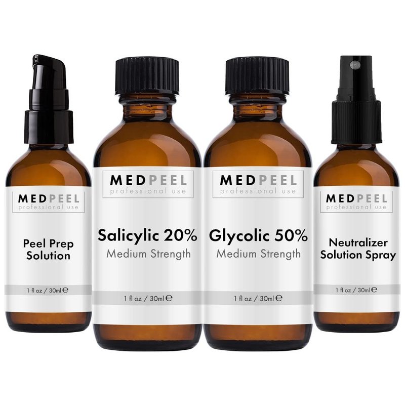 Alpha & Beta Hydroxy Acid Peel Kit - 20% Salicylic & 50% Glycolic | Medium Strength Chemical Peels, 1oz/30ml (Set of 4)
