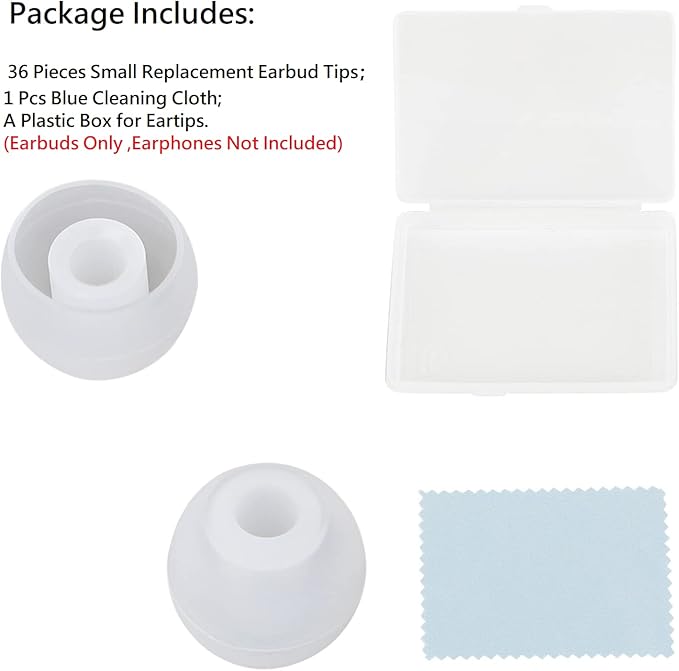 CYADCI 36 Pieces Small Earbud Tips Soft and Comfortable Ear Bud Replacement Pieces Silicone Fit Most in-Ear Headphones，Inner Hole 3.8mm -5.5mm，Small Clear White Replacement Eartips