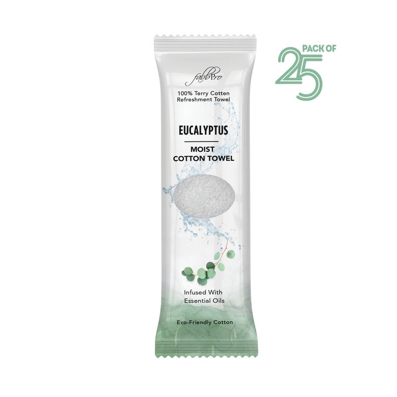 FabbPro Oshibori Moist Terry Cotton Refreshment Towels (25 Pack, 8 x 8 Inches) - White Scented Pre-moistened Towel to Use Hot or Cold (Eucalyptus)
