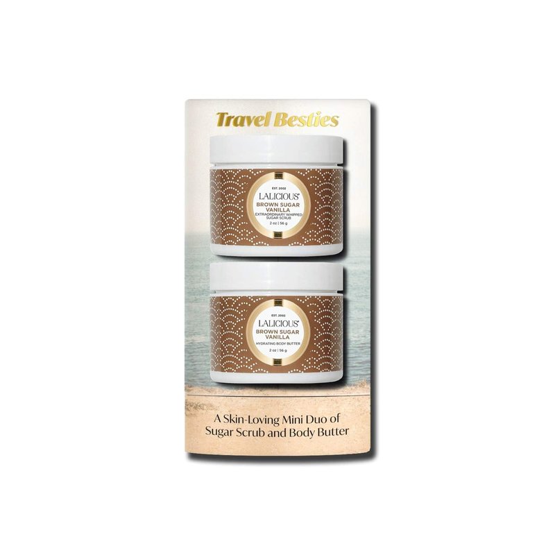 LALICIOUS Brown Sugar Vanilla Travel Besties - 2 Piece Gift Set Includes Travel Size Whipped Sugar Scrub (2oz) & Hydrating Body Butter (2oz) | Moisturize, Hydrate & Nourish Skin