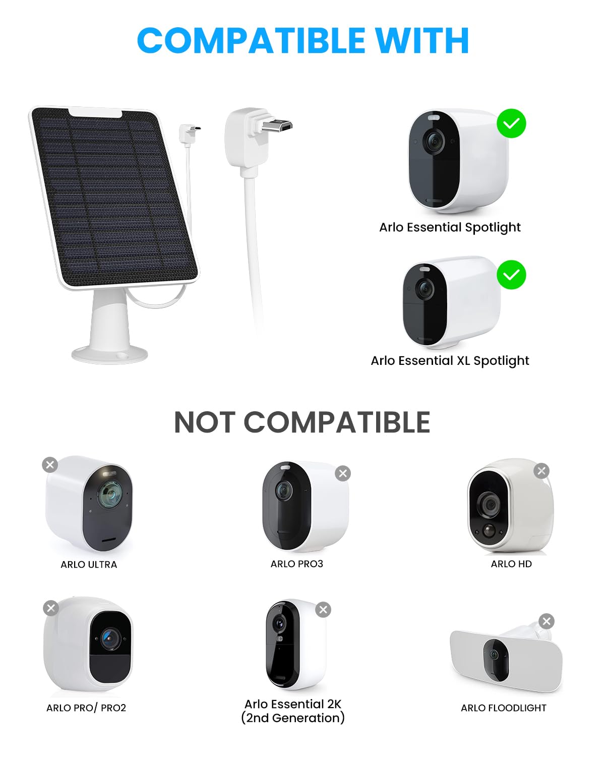 5W Arlo Solar Panel Charger Compatible with Arlo Essential Spotlight/XL Spotlight Camera, Arlo Essential Solar Panel Charger w/ 10ft Waterproof Micro USB Charging Cable, Adjustable Wall Mount, 4 Pack