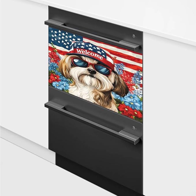 American Flag Pet Dogs Magnetic Sticker Dishwasher Cover Kitchen Decor, 23x17inch Floral Dishwasher Magnet Cover, Patriotic Dishwasher Decal, Refrigerator Panel,Magnetic Dishwasher Sticker