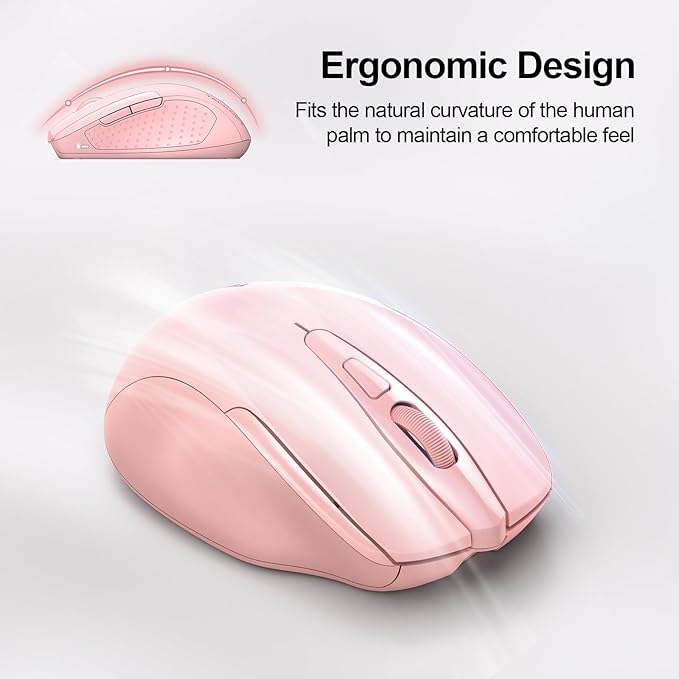 TECKNET Wireless Mouse Rechargeable, 2.4G USB-A Silent Mouse, Quiet Click, 6 Adjustable 4800 DPI, Cordless Computer Mice, Ergonomic Mice for Laptop, 6 Buttons for Chromebook, Ergo Grip - Pink