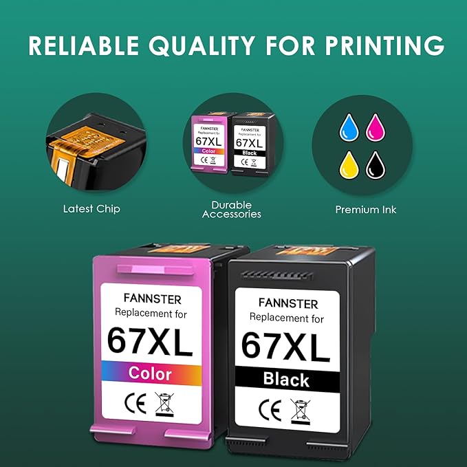 fannster 67XL Ink Cartridges Black Color Combo Pack Replacement for Ink 67 67XL 67XXL DeskJet 2755e 2755 2700e 2700 2734e 4155e Envy 6055e 6400 6000 Envy Pro 6458 Printer(1 Black and 1 Color)