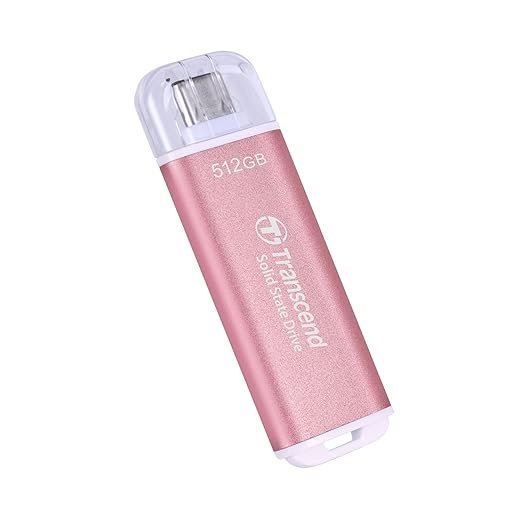 Transcend ESD300 512GB External SSD, Up to 1,050MB/s, Type C USB Drive for iPhone17,16,15, iPad&Mac/Pixel10/Tesla/Steam Deck/ROG Ally/MSI Claw/Android/PS5, Smart TV, USB 3.2 Gen2 Portable SSD- Pink