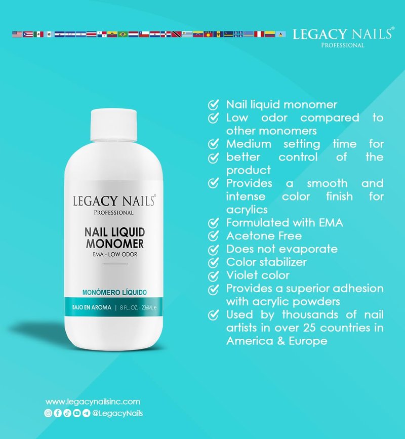 LEGACY NAILS Professional NAIL LIQUID MONOMER - MMA-Free, Acetone-Free, Low Odor Formula, Compatible with All Acrylic, Perfect for Nail Extensions, Sculpting & Overlays - 473ml / 16 FL.oz.