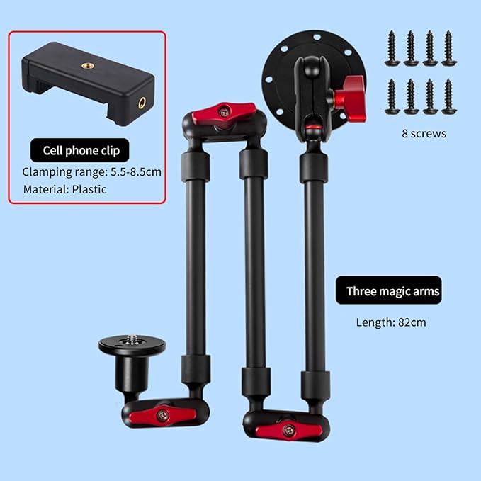 Wall Mounted Phone Holder Magic Arm 360° Rotation Adjustable Metal Base Screw in Wall Sturdy for Kitchen Bedroom Home 32 Inch ABS Phone Clip