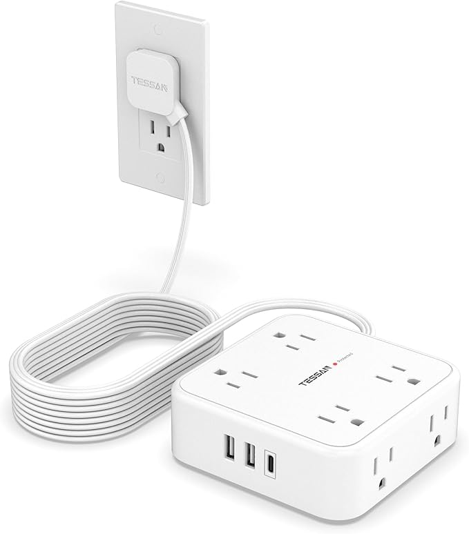 TESSAN Surge Protector Power Strip, 15 Ft Flat Plug Extension Cord with 3 USB (1 USB C 20W PD) 8 Outlets, 1250W, 900J Protection, 3 Sided Outlet Extender with Power Switch for Office, Dorm Room, White