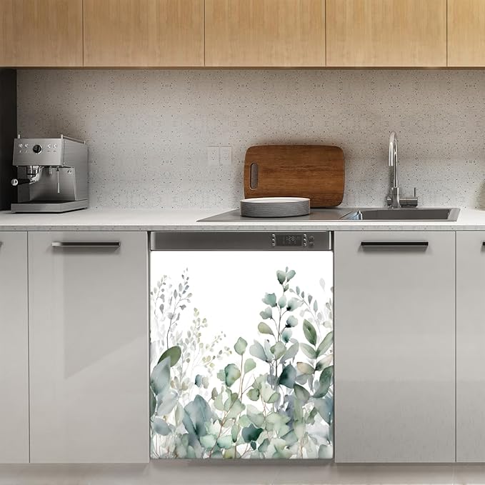 Dishwasher Magnet Cover Eucalyptus Leaves Reusable Dishwasher Magnetic Cover Sticker Decorative Dish Washer Door Cover Panel for Home Kitcen Appliance, 21x26 in