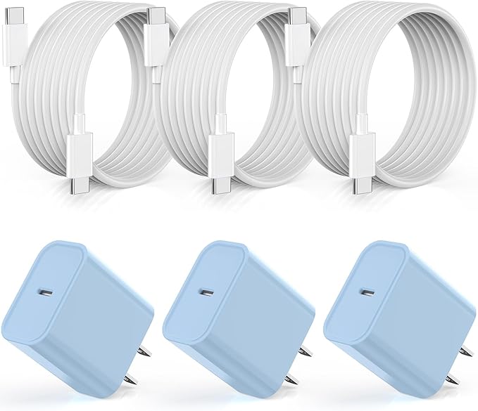 【Apple MFi Certified】20W USB C Fast Charger iPhone 17 16 15 Charge Block 3Pack 6 FT TypeC Fast Charger Cable for iPhone 17/17 Pro/17 ProMax/iPhone 16/16 ProMax/15 Plus All USB C Charging Devices(Blue)