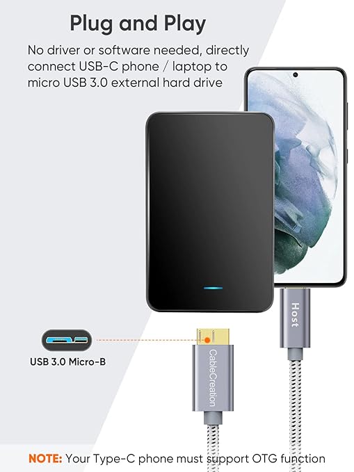 CableCreation USB C to Micro B Short Cable Braided 3.3FT,10G Micro B to USB C External Hard Drive for iPhone 15/16/17,Samsung Galaxy S24,Seagate WD Westgate My Passport,MacBook Pro/Air,iPad/Tablet