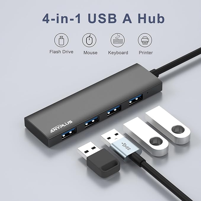 ANYPLUS USB Hub, USB 3.0 Hub Aluminum Alloy Ultra Slim USB Splitter, Portable 4 Port USB Extender, USB Hub for Laptop, PC, MacBook, iMac, Surface Pro, Mac Pro, Flash Drive, XPS 【Black】