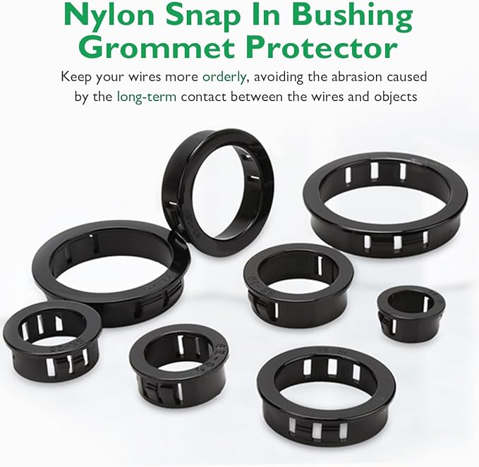 EASYEAH 225 Pcs 8 Sizes Cable Snap-in Knockout Insulating Bushing Grommets Assortment Kit, 5/16, 3/8, 1/2, 5/8, 11/16, 3/4, 7/8, 1 Black Nylon Plastic Hole Grommets for Wiring, Cord Hose & Tubing