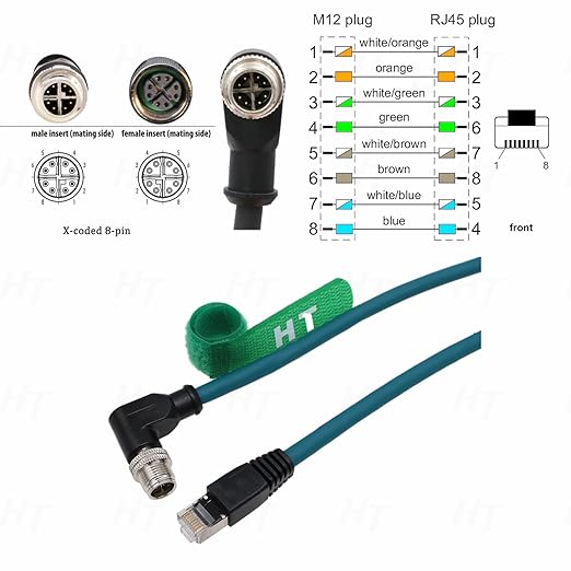 HangTon Ethernet Right Angle M12 8 Pin X-Coded RJ45 CAT-7e GigE High Speed Cable for Cognex Baumer Camera Sensor Switcher Router PLC 30cm