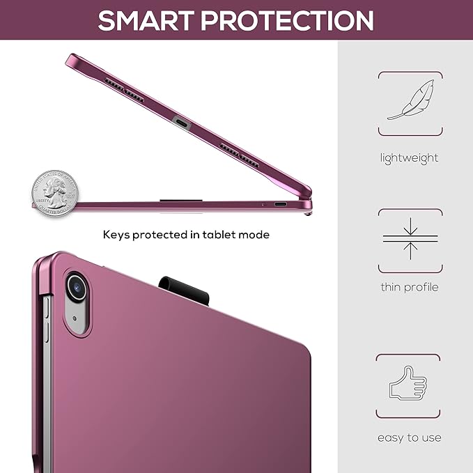 typecase Touch iPad 11th 10th Generation Case with Keyboard (11" 2025, A16 & 10.9" 2022) – 360° Rotatable, 11-Color Backlit, Multi-Touch Trackpad, Pencil Holder, Thin & Light – Raspberry