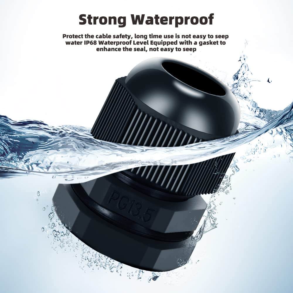 CGELE Cable Gland 20 Pack Plastic Waterproof Adjustable Connector 6-12mm PG13.5 Strain Relief Cord Connectors Joints Nylon with Gaskets