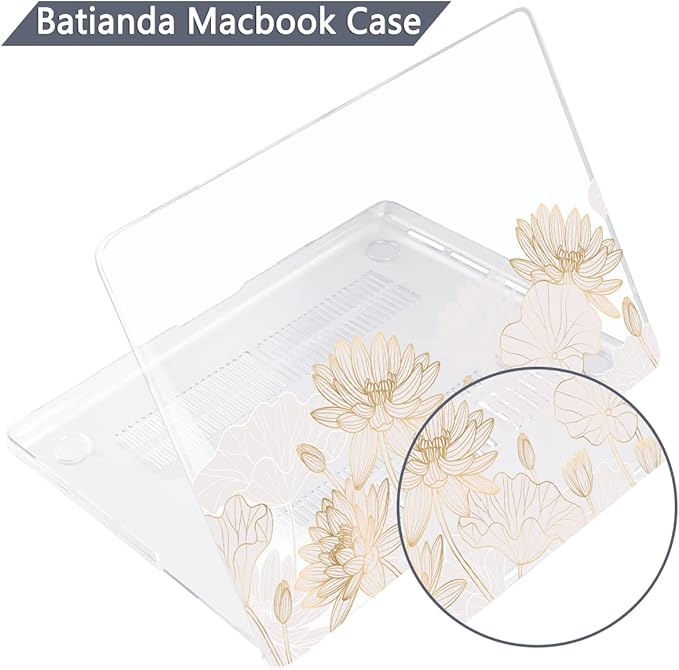 Batianda Premium Case for New MacBook Air 15 inch with M5 M4 M3 M2 Chip 2026 2025 2024 2023 Release, Designed Ultra-Slim Hardshell & Keyboard Cover & Screen Protector 4-in-1 Bundle, Gold Lotus