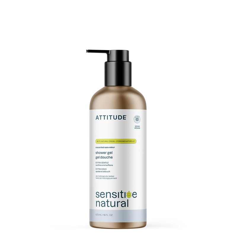 ATTITUDE Body Wash for Sensitive Skin, EWG Verified Shower Gel, Soothing Oat, Dermatologically Tested, Plant and Mineral-Based, Vegan Personal Care, Aluminum Bottle, Unscented, 16 Fl Oz