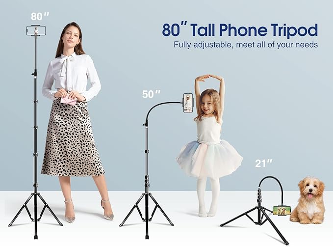 Elitehood 6.7 Feet Tall Phone Tripod, Heavy Duty Metal iPhone Tripod Stand with Remote, 17" Gooseneck Overhead Phone Mount for iPhone 15 14 13 Pro Max / 13 Pro / 13 12 11, Android Cell Phone Black