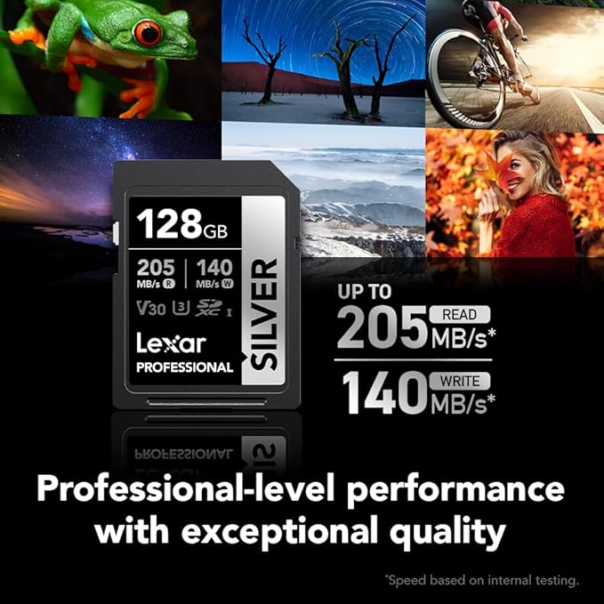 Lexar 128GB Professional Silver SD Card, UHS-I, C10, U3, V30, 4K, Up to 225/160 MB/s SDXC Memory Card, for Professional Photographer, Videographer, Enthusiast (LSDSILV128G-BNNNU)