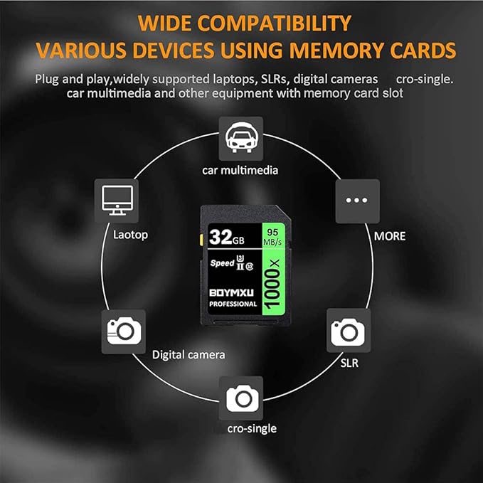 BOYMXU Professional 1000x Class 10 U3 Memory Card - 32GB, Compatible with Computers, Cameras & Camcorders, Up to 95MB/s Read Speed, Green/Black