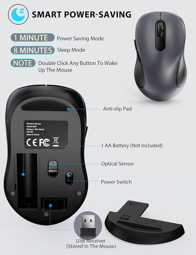 Trueque Wireless Mouse, 2.4GHz Ergonomic Mouse for Laptop & PC, Silent Portable Computer Mice with Back & Forward Buttons, USB-C Adapter for Windows/Mac, M01 (Gray)