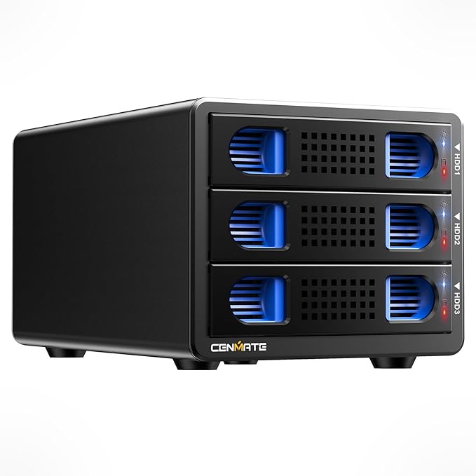 CENMATE Aluminum 3 Bay 10Gbps HDD Enclosure with Cooling Fan for 2.5“/3.5" SATA HDD/SSD with USB A/C 3.2 Gen 2, Support Hot Swappable, Tool-Free Hard Drive Enclosure