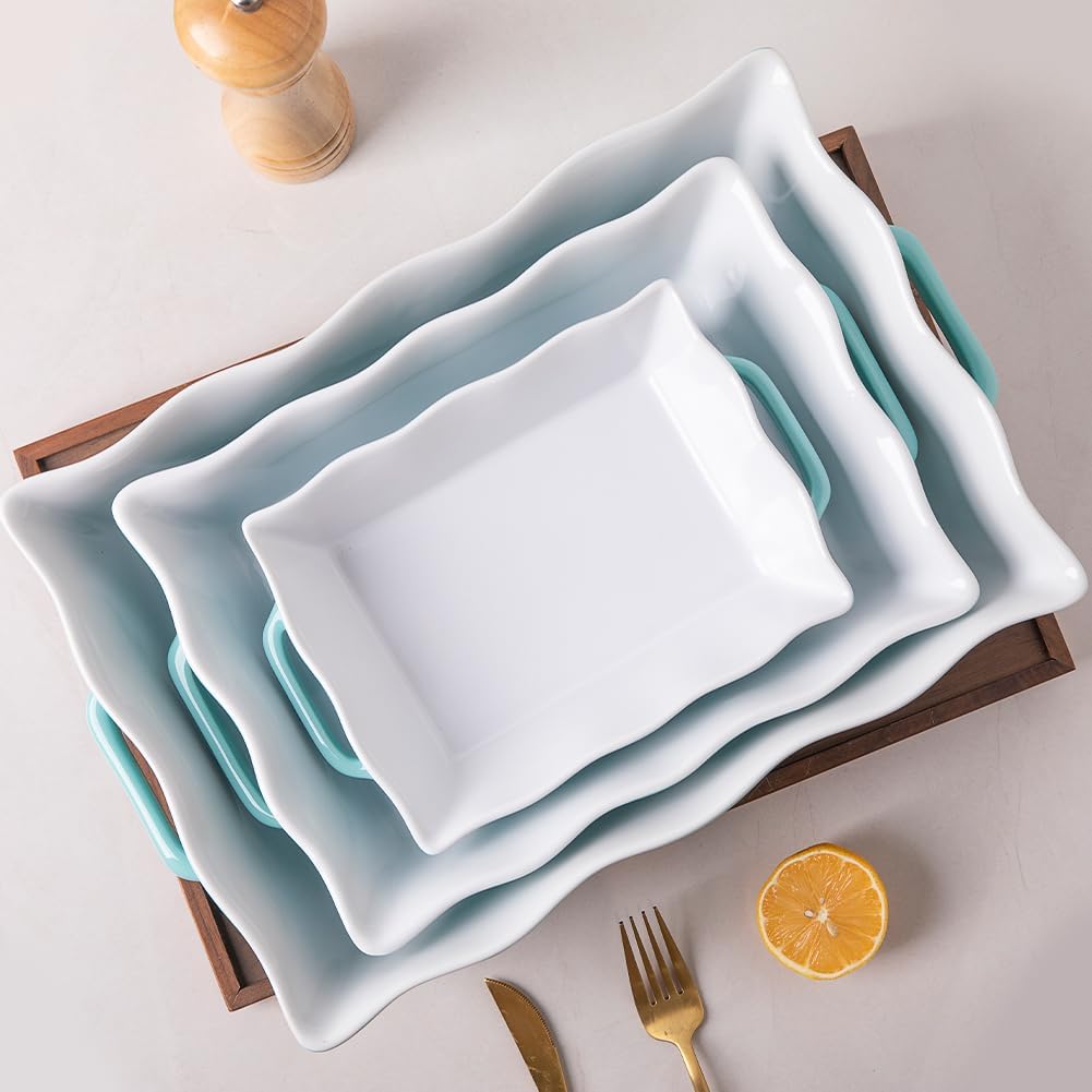 Sweejar Casserole Dishes - Ceramic Bakeware Set of 3 | Rectangular Baking Dish with Handles, White