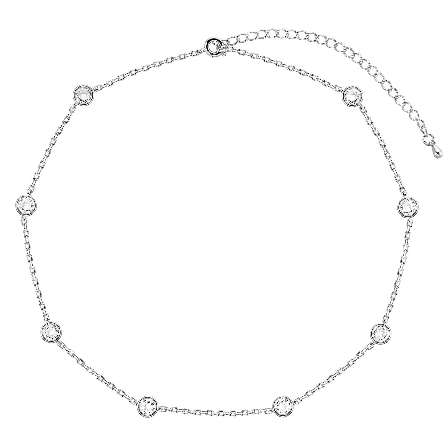 LecAit Silver Station Necklace for Women | CZ Diamond Choker Necklaces Gold | Simulated Diamond BTY Necklace | Silver Cubic Zirconia Chain Choker Necklaces for Women