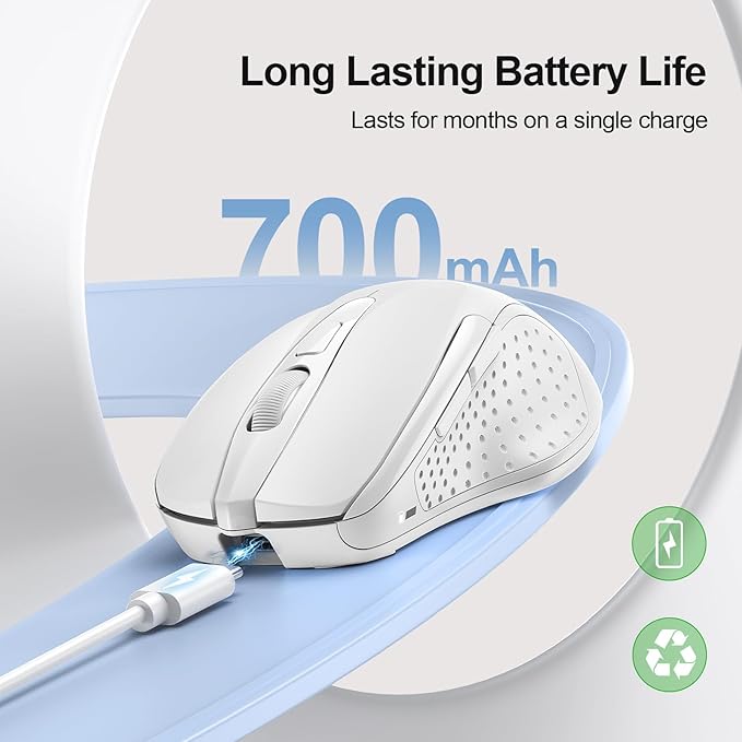 TECKNET Wireless Mouse Rechargeable, 2.4G USB-A Silent Mouse, Quiet Click, 6 Adjustable 4800 DPI, Cordless Computer Mice, Ergonomic Mice for Laptop, 6 Buttons for Chromebook, Ergo Grip - White