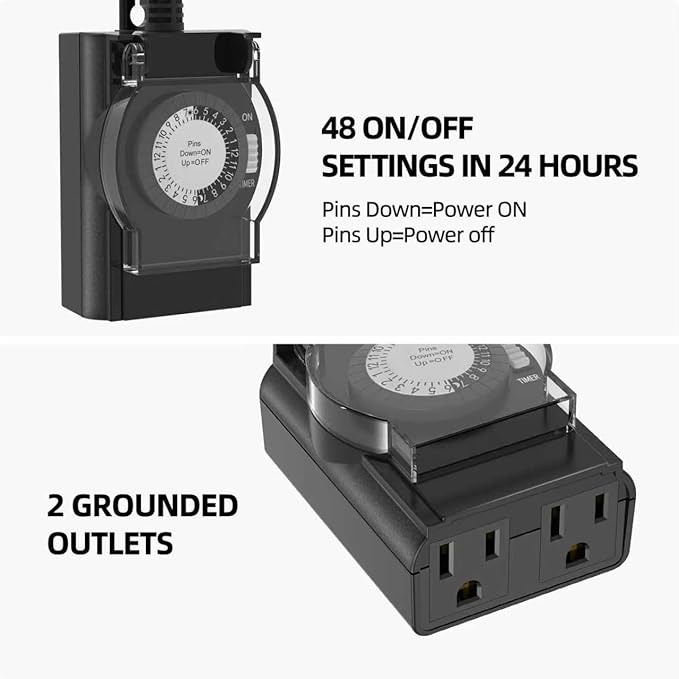 TiFFCOFiO Outdoor Timer Outlet Waterproof, 24 Hour Mechanical Light Timer Outdoor, 2 Grounded Outlets for Home and Garden, 15A 1/2HP, Heavy Duty, ETL Listed (2 Pack)