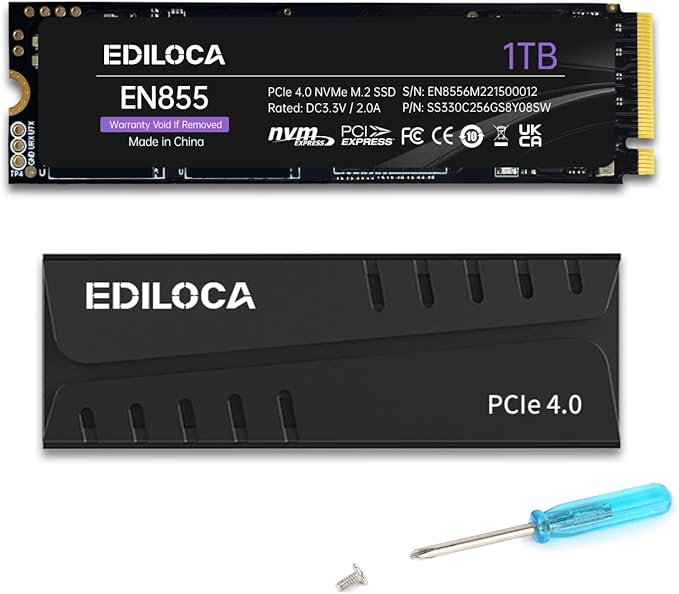Ediloca 1TB PS5 SSD with Heatsink PCIe Gen4 NVMe M.2 Gaming SSD, 7400MB/s Read, 1GB DRAM Cache, 3D TLC | Internal Solid State Drive Compatible with PS5 & PC(EN855)