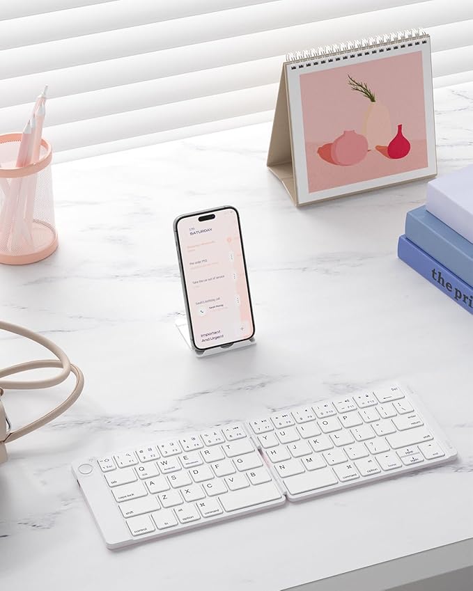 Samsers Foldable Bluetooth Keyboard - Portable Wireless Keyboard with Stand Holder, Rechargeable Full Size Ultra Slim Folding for iOS Android Windows Smartphone Tablet and Laptop, White Pink
