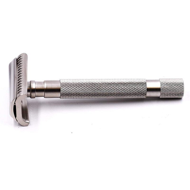 Parker Semi-Slant Safety Razor – Satin Chrome Finish | Smooth, Efficient Double Edge Wet Shaver for Men | Slanted Cutting Action + 5 Platinum Blades Included | Iconic Brand