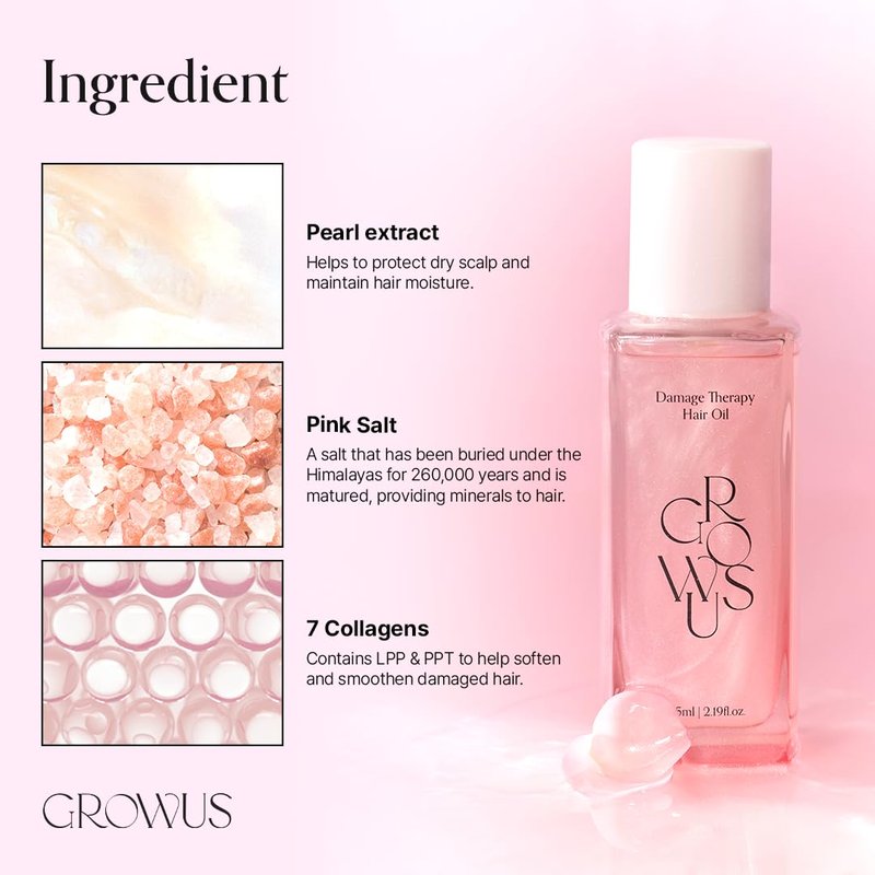 GROWUS Damage Therapy Hair Oil | Protein Botanical Oils Lightweight Non-Greasy | Adds Shine Heat UV Protection Frizz Control | K-Beauty Korean Hair Care (2.2 fl oz / 65ml)