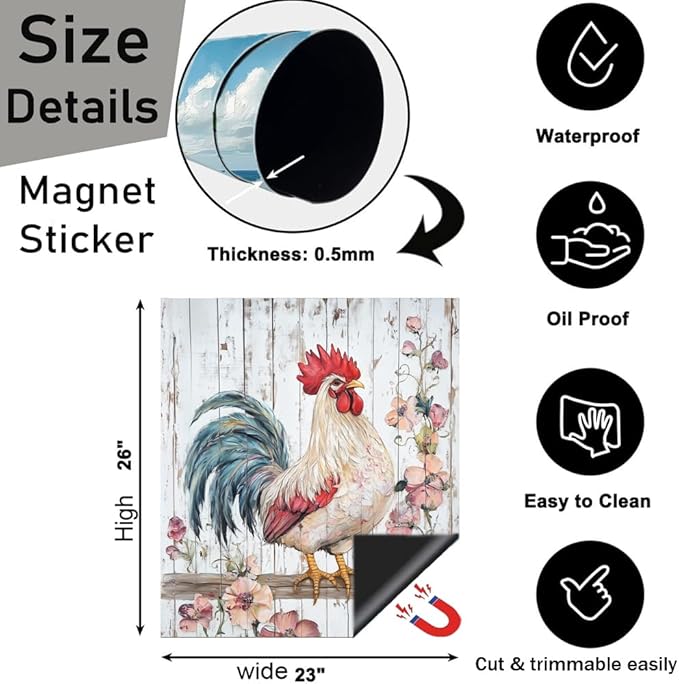 Generic Country Rooster Dishwasher Magnet Cover, Rustic Flowers Magnetic Refrigerator Panel Decals Farmhouse Chicken Floral Decorative Wood Grain Magnet Stickers Home Seasons Decor,23x26 in