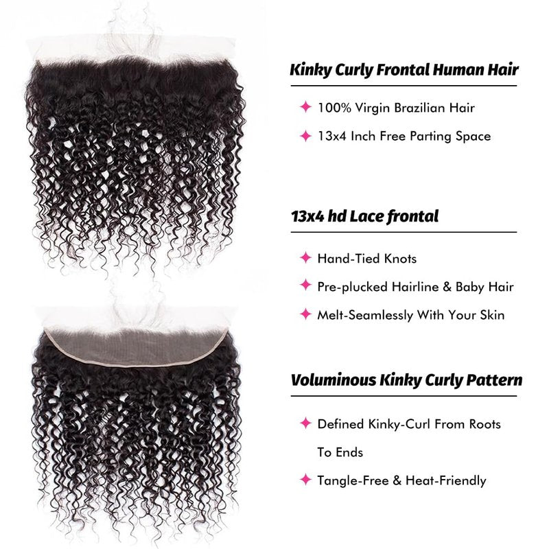13x4 Lace Frontal Closure Kinky Curly Human Hair Ear to Ear Frontal HD Lace Pre Plucked 16 Inch Free Part Brazilian Hair Extensions 150% Density Natural Black