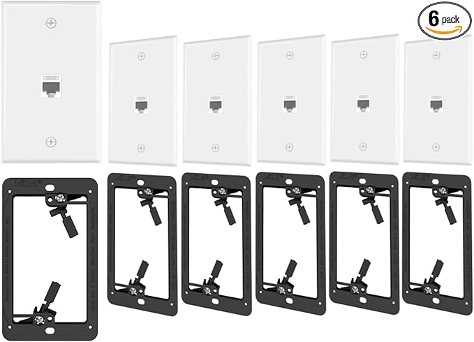 VCE Ethernet Wall Plate (UL-Listed), 1-Port CAT6 Wall Plate and Jack, RJ45 Keystone Outlet with Single Gang Low Voltage Mounting Bracket, White 6-Pack