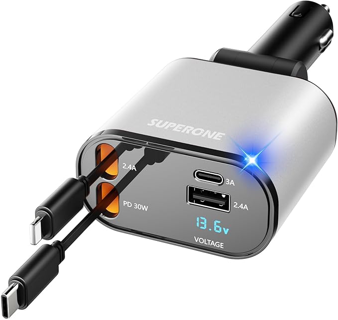 【Upgraded】 SUPERONE Retractable Car Charger 4 in 1, Fast Car Phone Charger with Cord 2.6ft, USB C and Apple Car Charger Adapter, Compatible with iPhone 17/16/15/15 Pro Max/14/13/12/11, Galaxy, Pixel