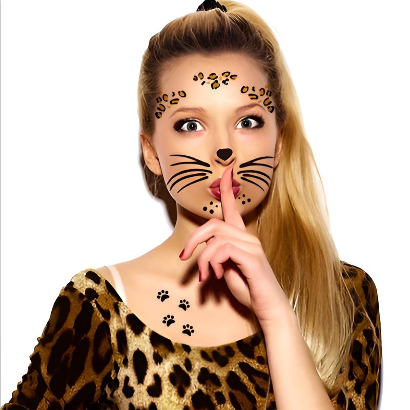 Leopard Face Temporary Tattoos, 7-Sheet Leopard Face Halloween Fake Tattoos for Kids and Adults - Perfect for Parties, Festivals, and Costumes