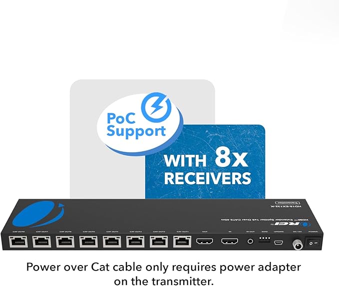 OREI HDMI Extender Splitter 1x8 – HDMI Over Ethernet Splitter up to 132ft at 4K@30Hz & 230ft at 1080p@60Hz with EDID, Loop Out, IR Control, Power Over Ethernet