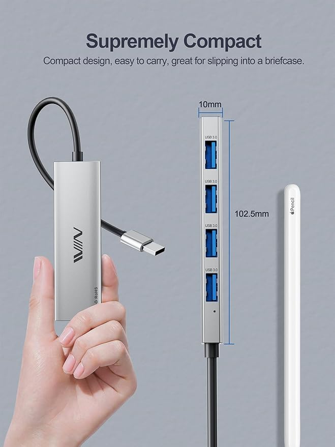 USB 3.0 Hub, 4 Port USB Hub Splitter, USB A Expander Portable USB Adapter Multiport Data Hub for Laptop, iMac Pro, MacBook Air, Mac mini/Pro, Surface Pro, USB Flash Drives, and Mobile HDD-Sliver