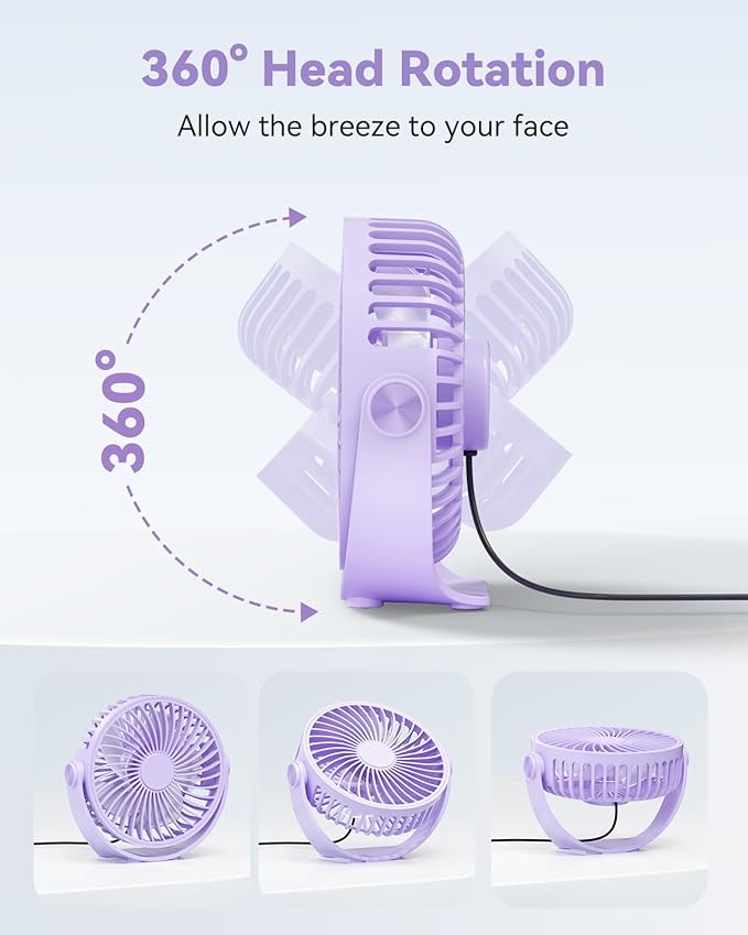 Edvision USB Desk Fan, 5 Inch Mini Portable, 3 Speeds Strong Airflow Personal Desktop, Detachable Cooling Fan 360° Rotation Quiet Small Fan for Desk Home Office Travel Car, Purple, 5ft Cable