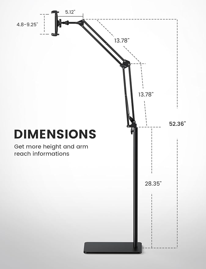 Lamicall Kindle Stand Tablet Holder - 55" Height Adjustable, Flexible Arm, Heavy Base Tablet Mount, Kindle Accessories, Universal Multi Angle Bed Phone Mount for 4.7-13" iPad Pro Air, Tabs, E-Readers