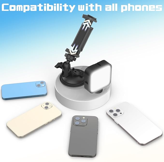 HzTinT Suction Cup Phone Mount with Rechargeable Light, Mirror Phone Holder with Light Shower Bathroom Kitchen, Mirror Tripod for TikTok YouTube Instagram Make Up Pics Video Content Creator