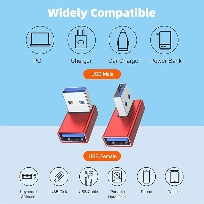 AreMe 90 Degree USB 3.0 Adapter 4 Pack, Up&Down, Left&Right Angle, Red