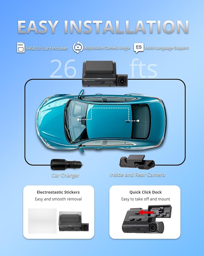 MAGELLAN DR50 3 Channel Dash Cam, 4K+2K Front Cabin Rear, Night Vision, Wide-Angle (170°), STARVIS 2 IMX678, Strong Mount, GPS, Wi-Fi App Control, 24H Parking Mode, Fatigue Alert, 64GB Card Included